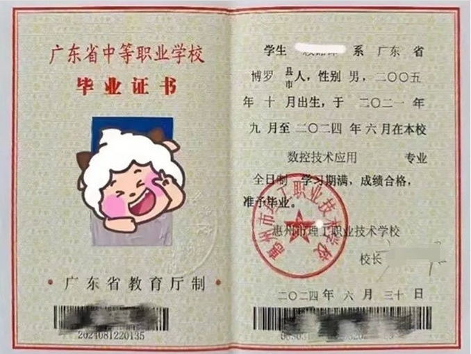 惠州惠州市理工职业技术学校中专毕业证样本